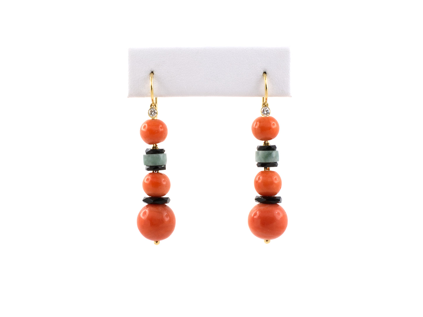 54181 - Gold Diamond Coral Bead Onyx Jadeite Dangle Drop Earrings