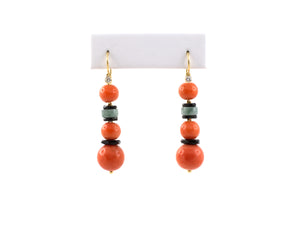 54181 - Gold Diamond Coral Bead Onyx Jadeite Dangle Drop Earrings