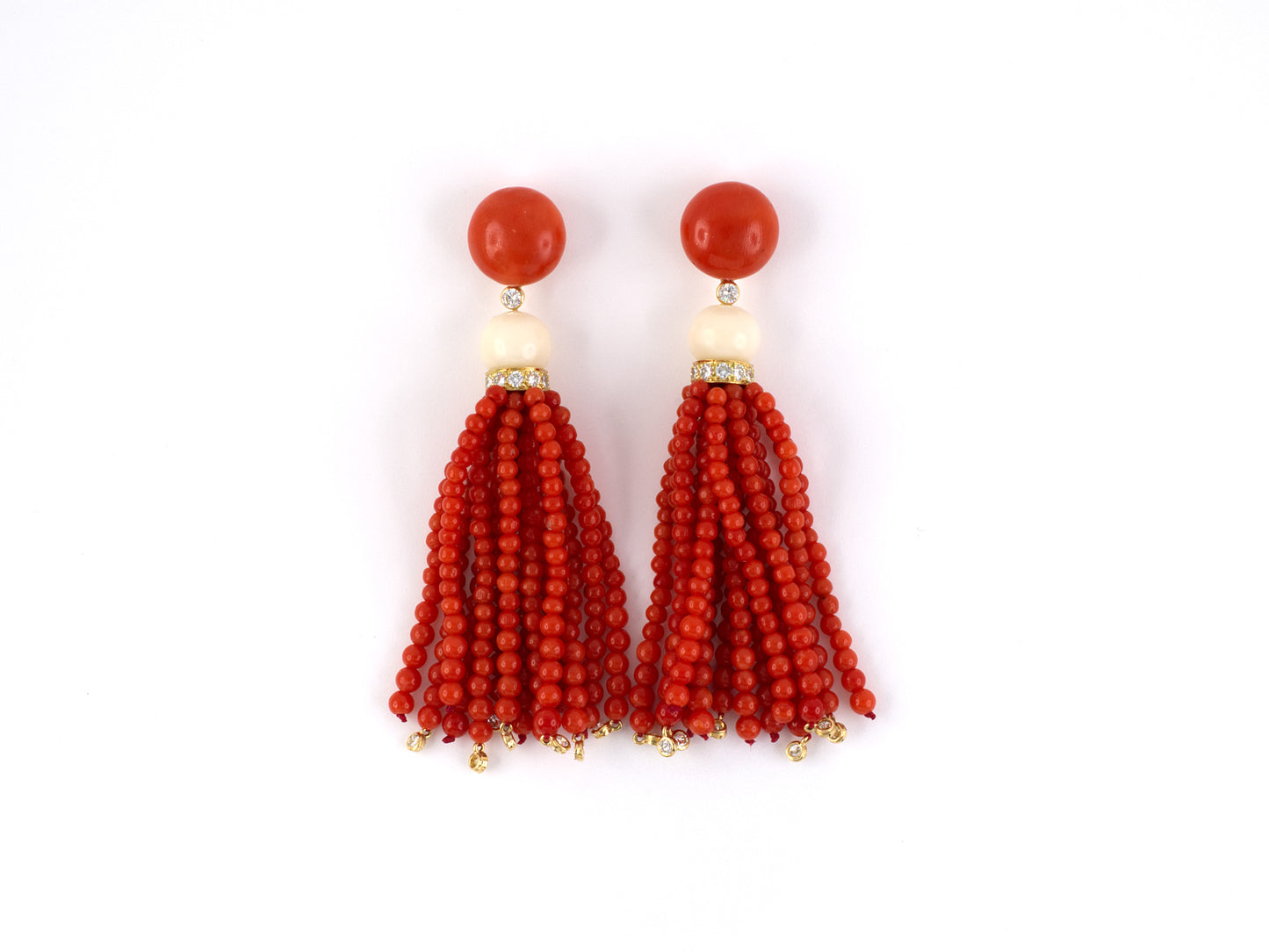 54182 - SOLD - Gold Red And White Coral Bead Diamond 14 Strand Tassels Drop Earrings