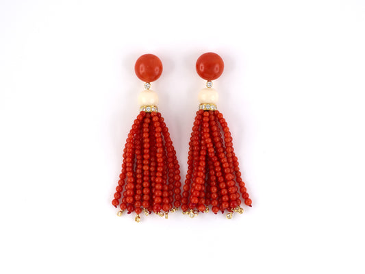 54182 - SOLD - Gold Red And White Coral Bead Diamond 14 Strand Tassels Drop Earrings