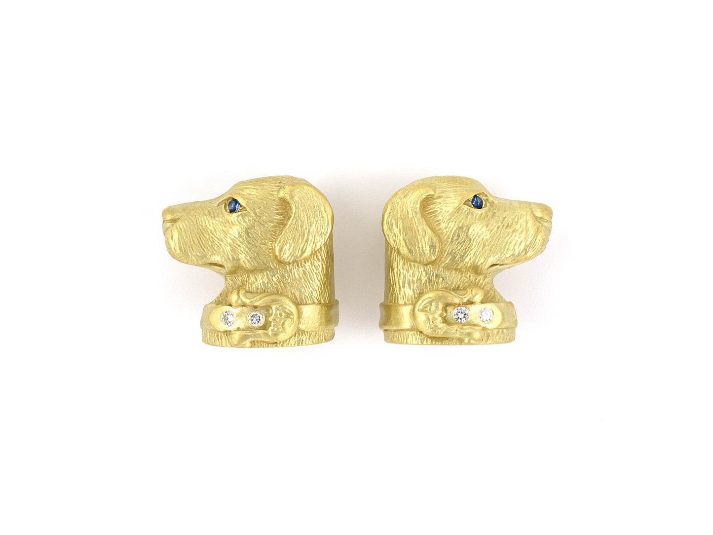 54197 - Circa 1989 Kieselstein Cord Gold Sapphire Diamond Carved Dog Earrings