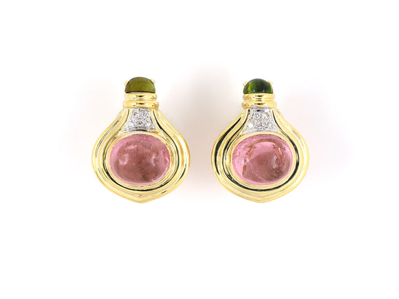 54198 - Gold Diamond Pink Green Tourmaline Tiered Swirl Tear Drop Earrings