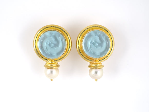 54200 - SOLD - Elizabeth Locke Gold Pearl Blue Color Venetian Glass Carved Dolphin Intaglio With Mother Of Pearl Back Earrings