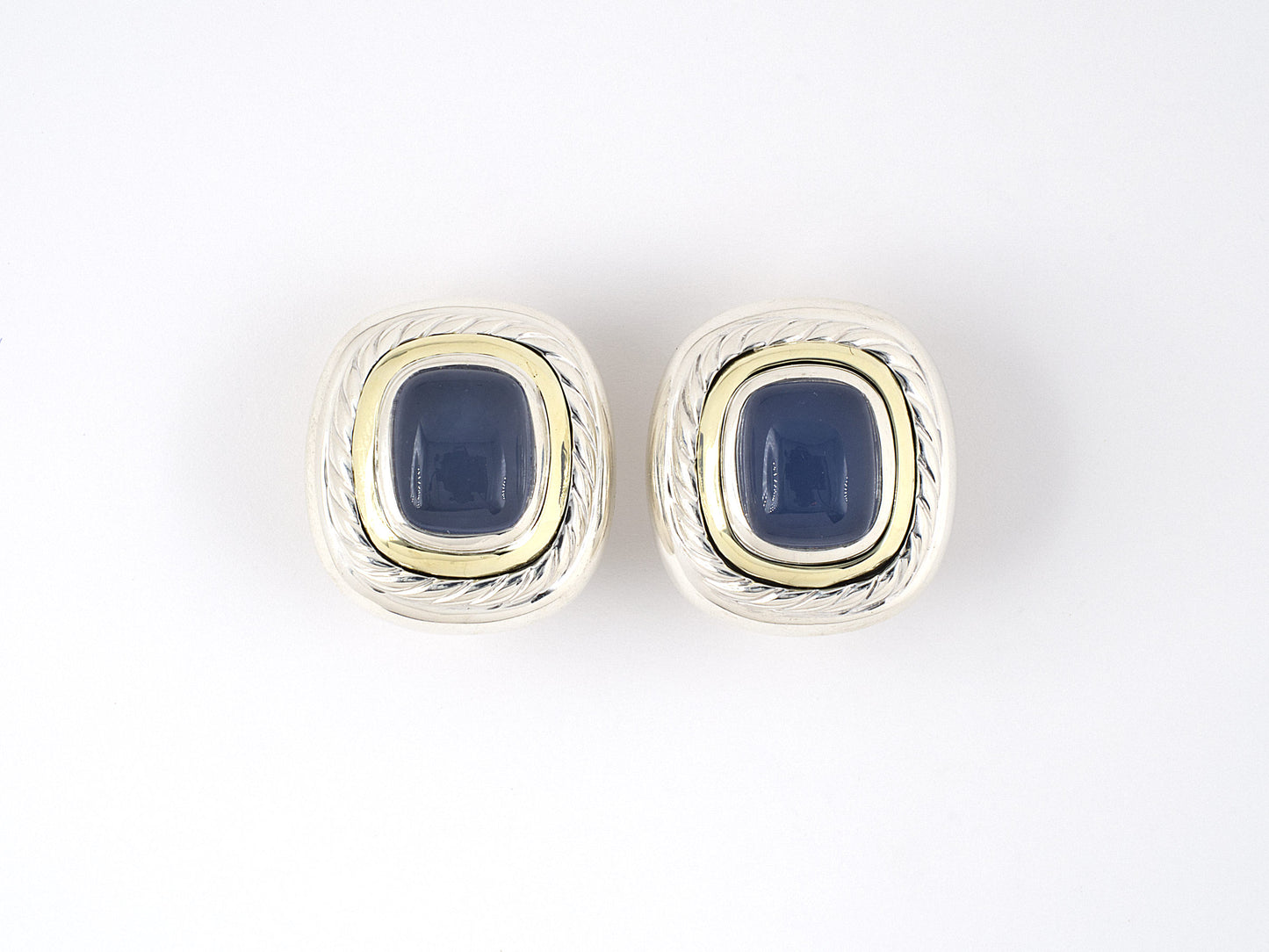 54204 - David Yurman Sterling Silver Gold Blue Chalcedony Rope Border Earrings