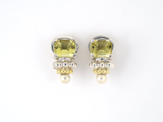54205 - SOLD - Lagos Caviar Sterling Silver Gold Green Quartz Pearl Earrings