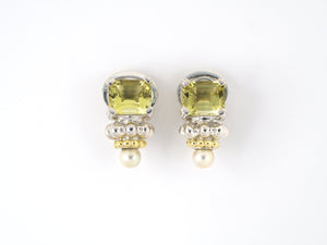 54205 - Lagos Caviar Sterling Silver Gold Green Quartz Pearl Earrings