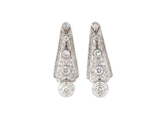 54207 - Art Deco Platinum Diamond Filigree Dangle Drop Earrings