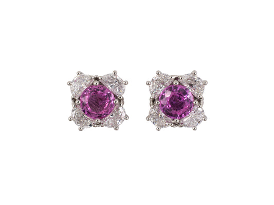 54211 - SOLD - Platinum Pink Sapphire Diamond Cluster Stud Earrings