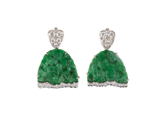 54213 - Platinum Gold Carved Jadeite Diamond Dangle Drop Earrings
