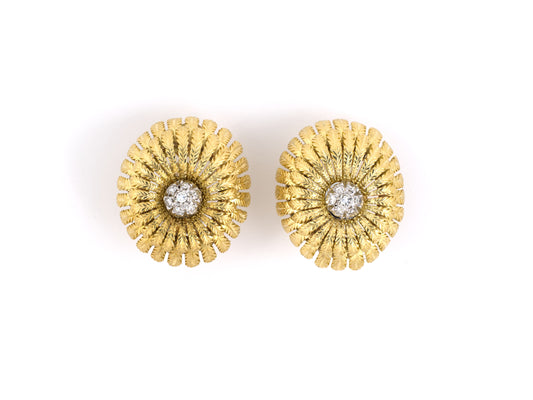 54214 - SOLD - Italy Gold Diamond Carved Leaf Domed Earrings