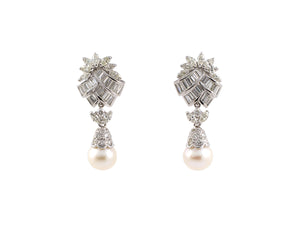 54225 - Platinum Diamond Pearl Spray Drop Dangle Earrings