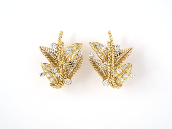 54227 - Circa 1970S Gold Diamond Leaf Twisted Rope Earrings