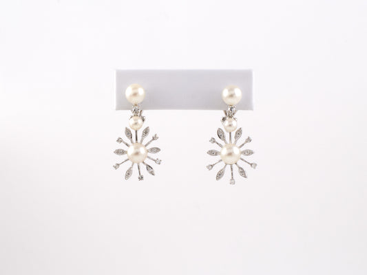 54230 - Gold Pearl Diamond Snowflake Spray Drop Earrings