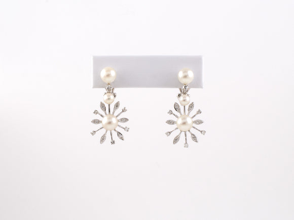 54230 - Gold Pearl Diamond Snowflake Spray Drop Earrings