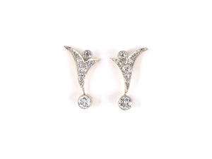 54239 - Edwardian Platinum Gold Diamond Leaf Drop Dangle Earrings