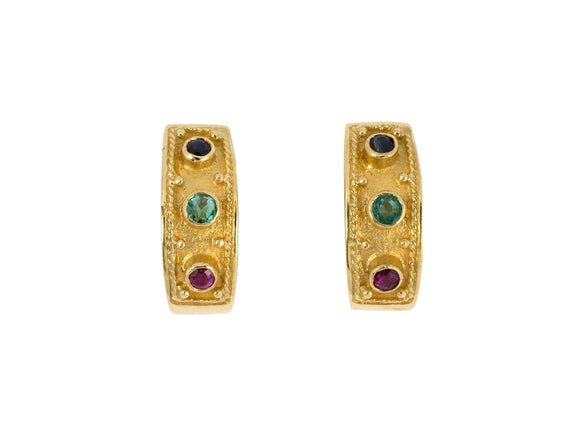 54240 - Gold Tube Set Emerald Ruby Sapphire Rope Design Border Earrings