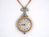 60407 - SOLD - Art Nouveau Platinum Gold Diamond Enamel Bow Pendant Watch Necklace