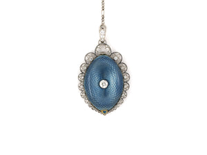 60510 - Edwardian Tissot Platinum Diamond Filigree Boarder Gold Blue Guilloche Enamel Egg Shaped Case Chatelaine Pendant Watch Sautoir Chain Necklace