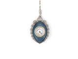 60510 - Edwardian Tissot Platinum Diamond Filigree Boarder Gold Blue Guilloche Enamel Egg Shaped Case Chatelaine Pendant Watch Sautoir Chain Necklace