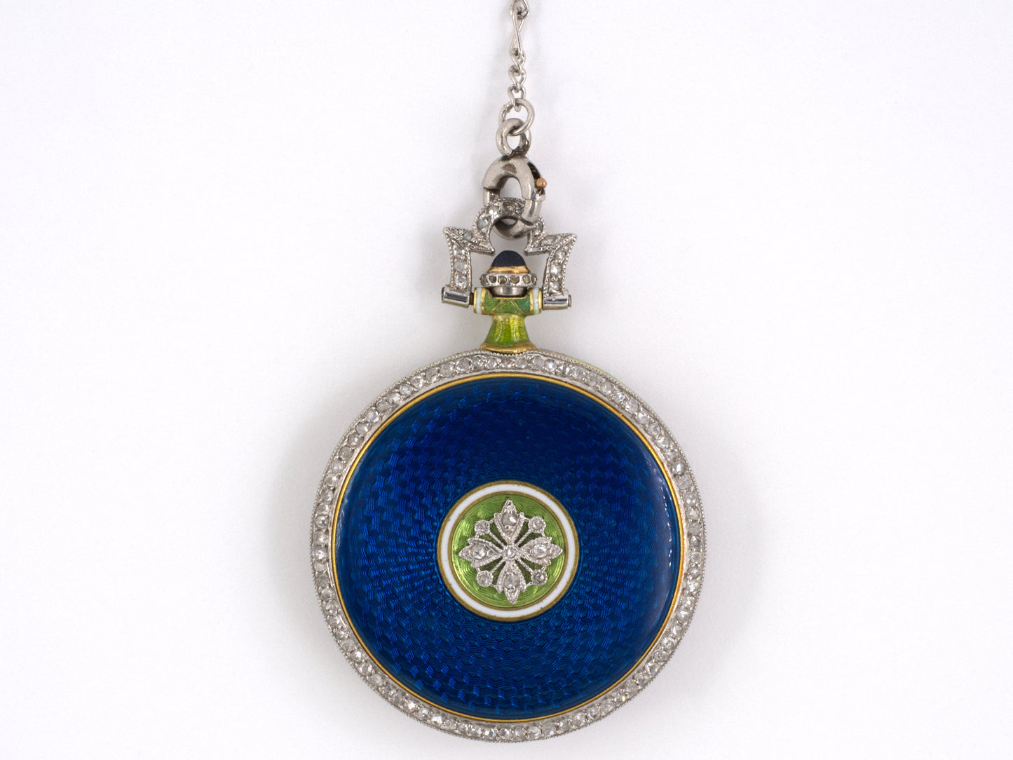 60511 - Platinum 18k Yg Blue,green,white Enamel With Dia Bezel, Bail & Floral Overlay J. Chaumet Made In France Round Chatelaine Watch