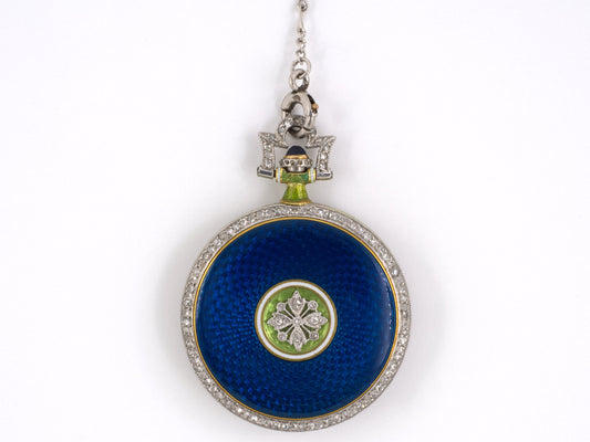 60511 - Platinum 18k Yg Blue,green,white Enamel With Dia Bezel, Bail & Floral Overlay J. Chaumet Made In France Round Chatelaine Watch