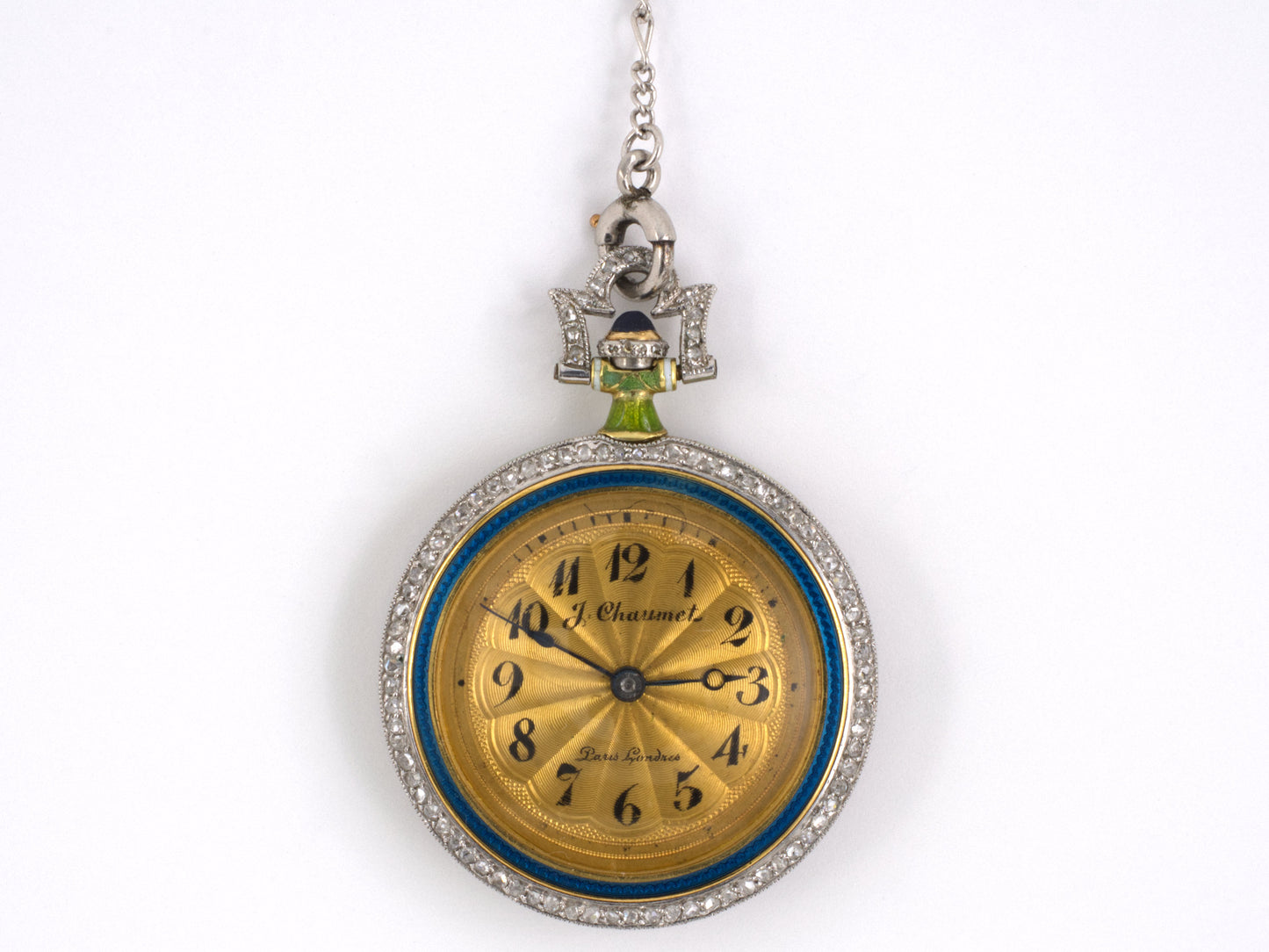 60511 - Platinum 18k Yg Blue,green,white Enamel With Dia Bezel, Bail & Floral Overlay J. Chaumet Made In France Round Chatelaine Watch