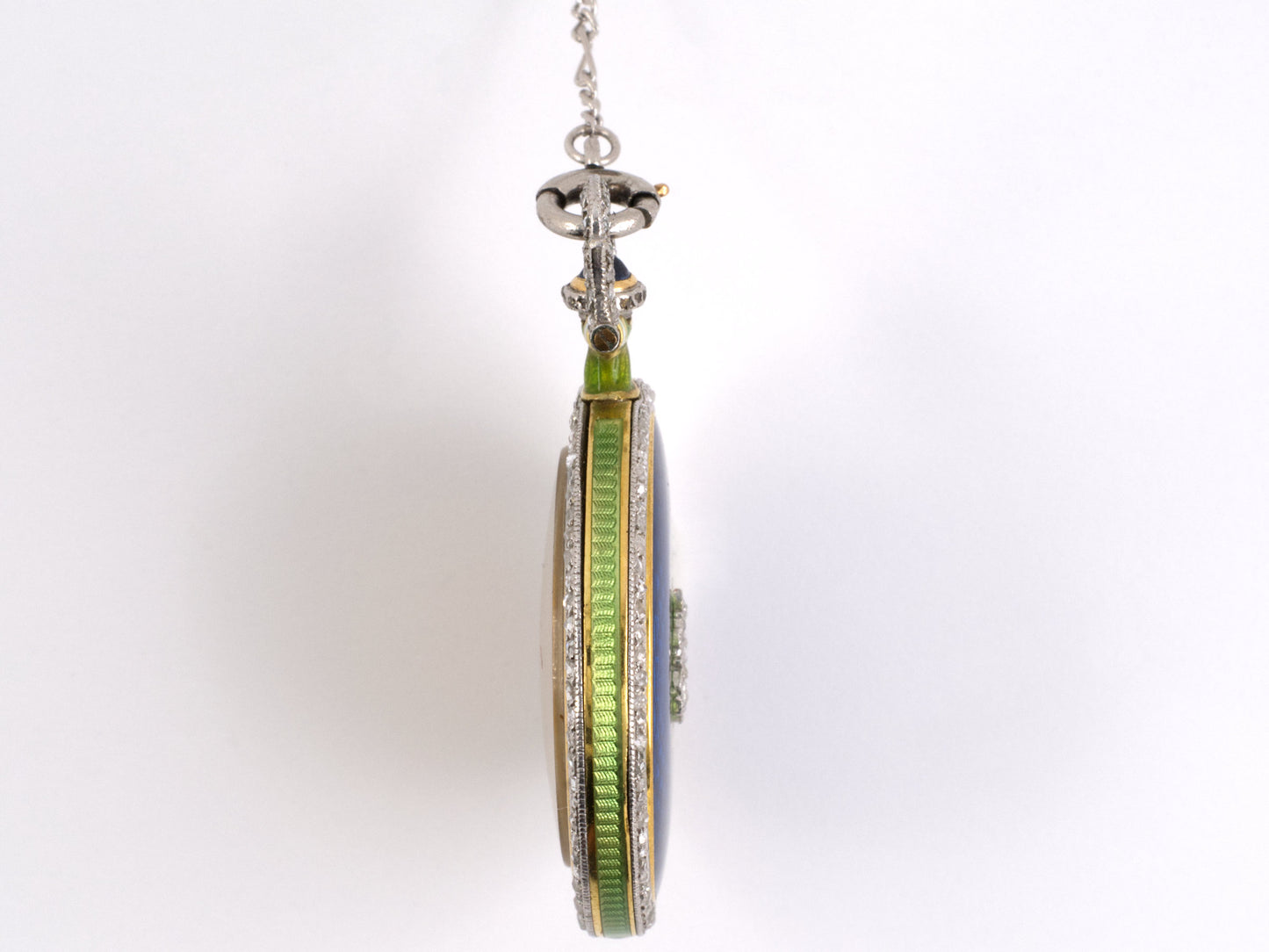 60511 - Platinum 18k Yg Blue,green,white Enamel With Dia Bezel, Bail & Floral Overlay J. Chaumet Made In France Round Chatelaine Watch
