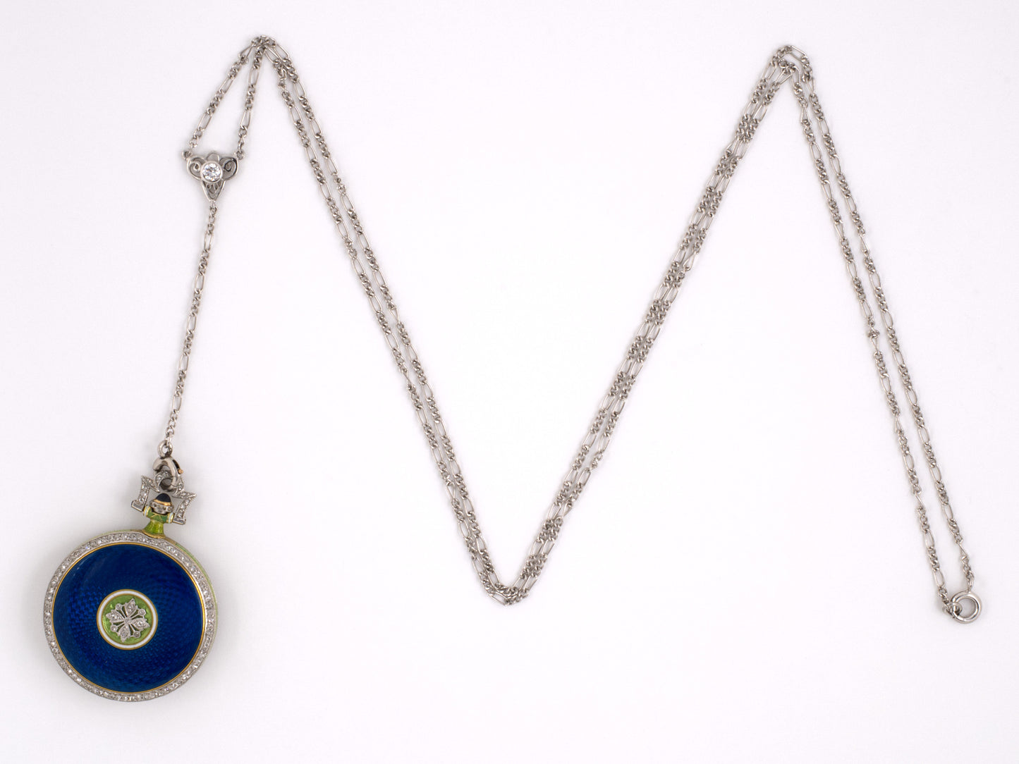 60511 - Platinum 18k Yg Blue,green,white Enamel With Dia Bezel, Bail & Floral Overlay J. Chaumet Made In France Round Chatelaine Watch