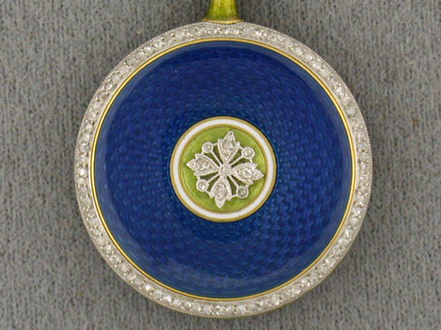 60511 - Platinum 18k Yg Blue,green,white Enamel With Dia Bezel, Bail & Floral Overlay J. Chaumet Made In France Round Chatelaine Watch