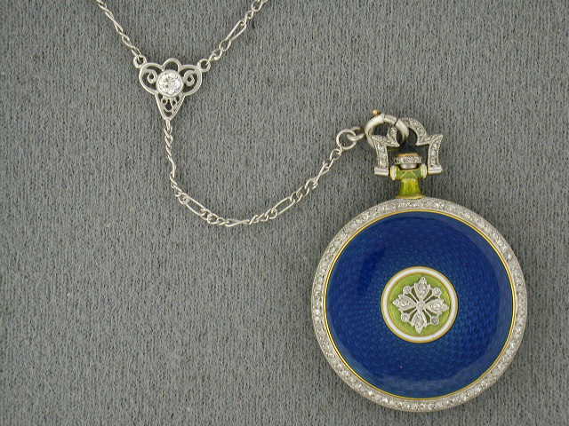 60511 - Platinum 18k Yg Blue,green,white Enamel With Dia Bezel, Bail & Floral Overlay J. Chaumet Made In France Round Chatelaine Watch