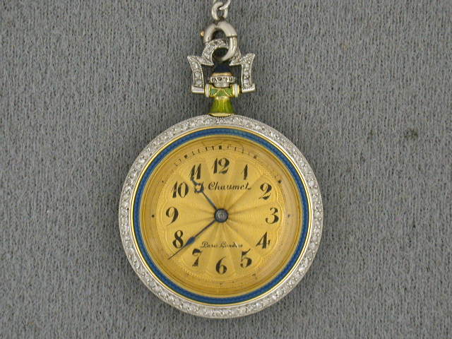 60511 - Platinum 18k Yg Blue,green,white Enamel With Dia Bezel, Bail & Floral Overlay J. Chaumet Made In France Round Chatelaine Watch