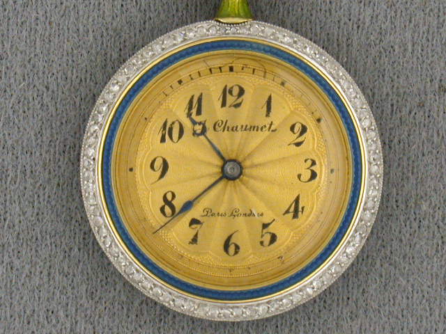 60511 - Platinum 18k Yg Blue,green,white Enamel With Dia Bezel, Bail & Floral Overlay J. Chaumet Made In France Round Chatelaine Watch