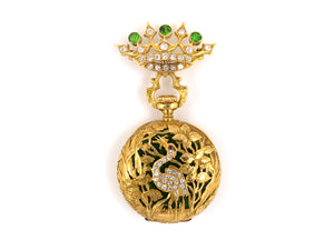 60606 - Art Nouveau Gold Demantoid Diamond Enamel Open Face Pendant Watch Pin