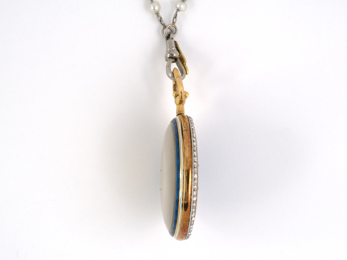 60629 - Art Nouveau Circa 1900 French "Société Générale Des Monteurs De Boîtes D'or" Platinum Gold Diamond Pearl Enamel Pendant Watch Necklace