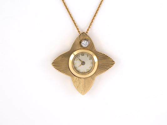 60698 - Circa1950 Gold Diamond Pendant Watch Necklace