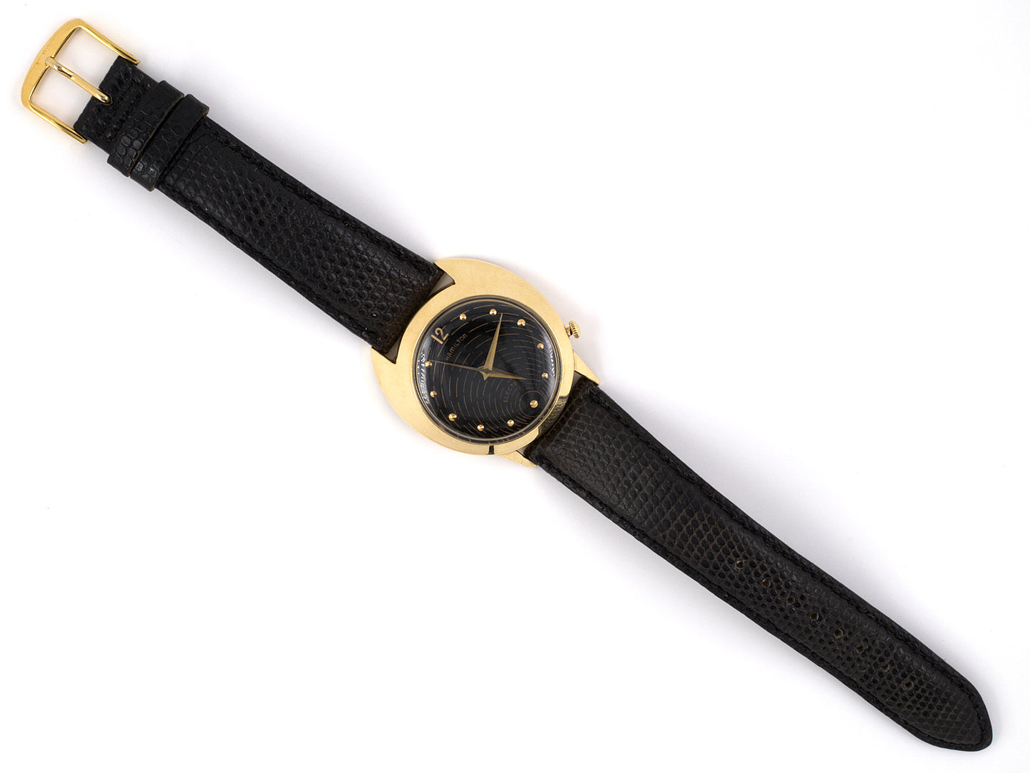 60839 - SOLD - Circa 1958 Hamilton Spectra Electric Gold Watch Black Lizard Strap