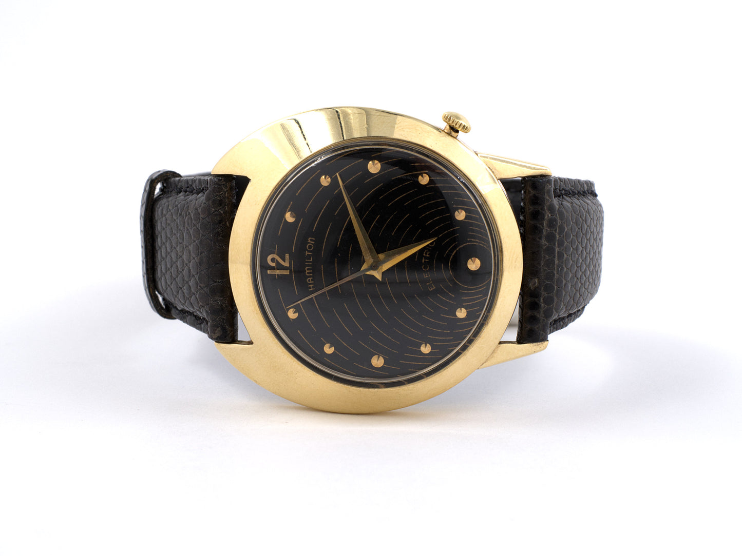 60839 - SOLD - Circa 1958 Hamilton Spectra Electric Gold Watch Black Lizard Strap