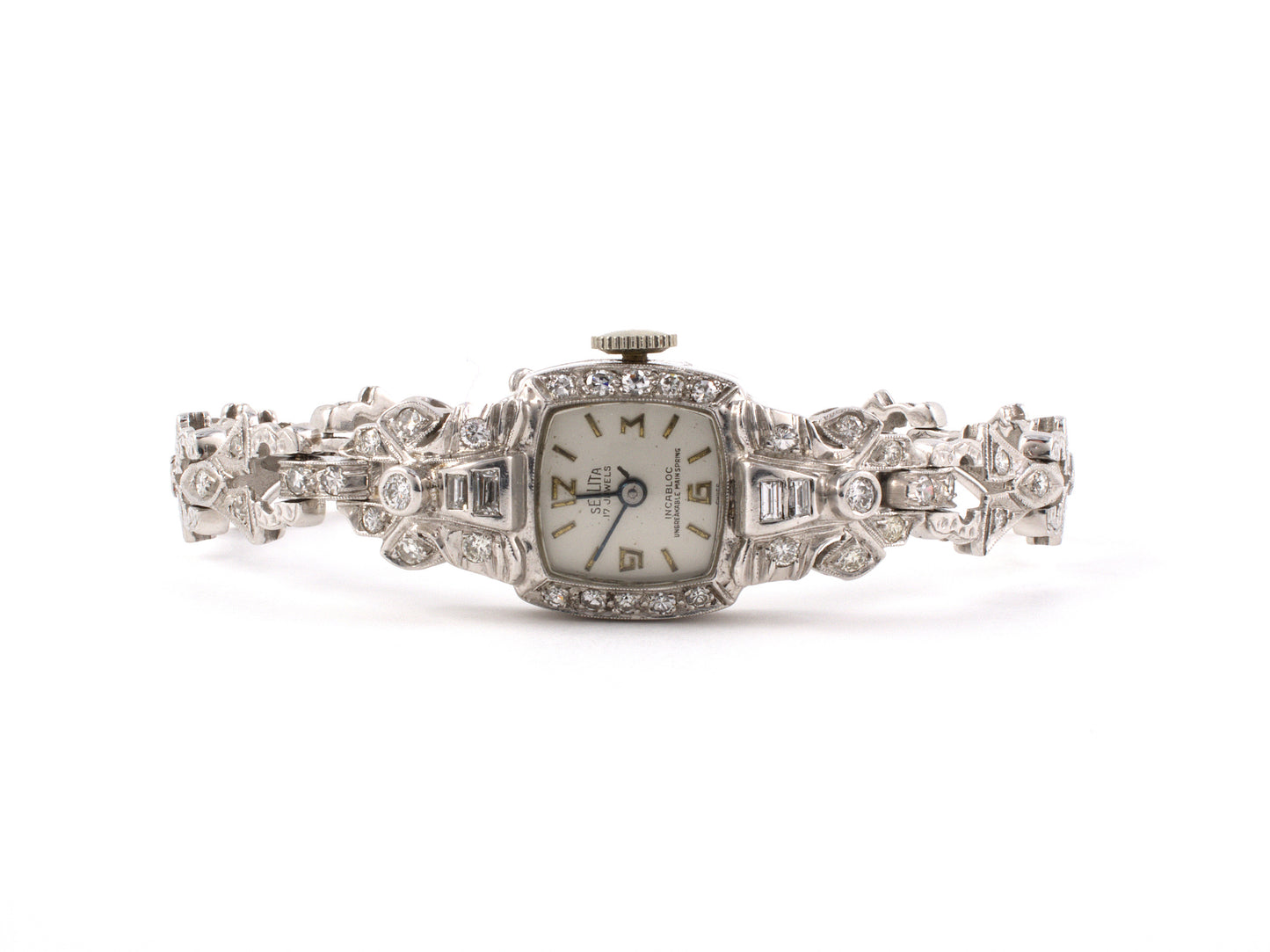 60890 - Circa 1950s Sellita Gold Diamond Square Cluster Watch