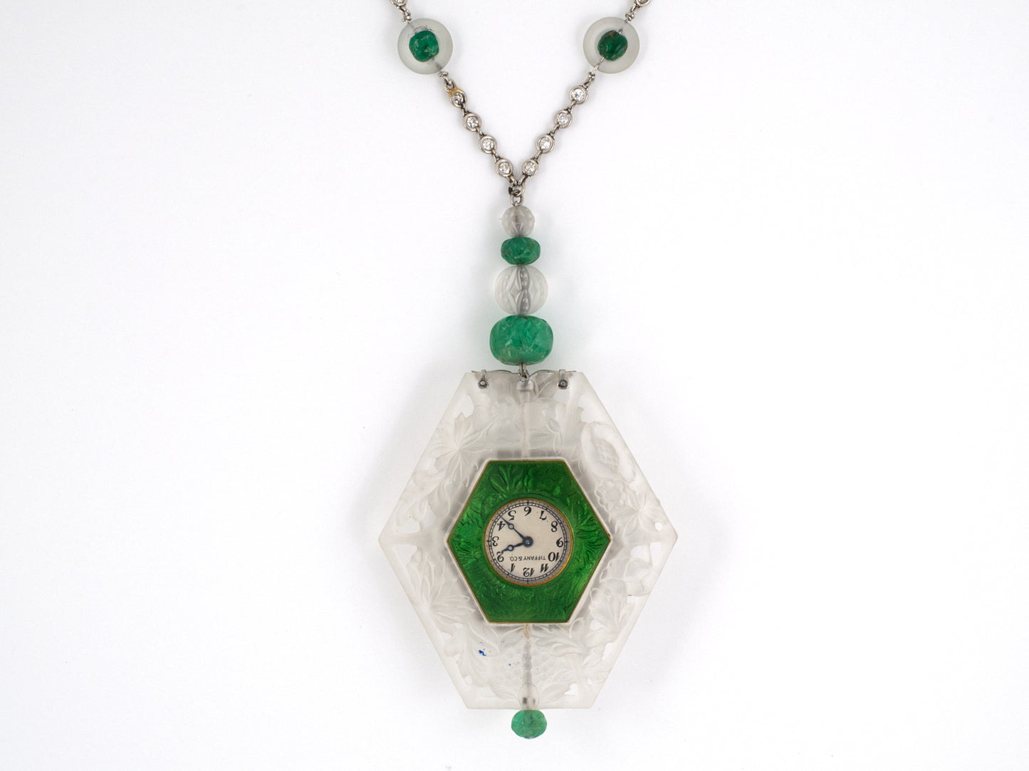 60996 - Art Deco Tiffany Platinum Diamond Emerald Crystal Enamel Pendant Watch Necklace