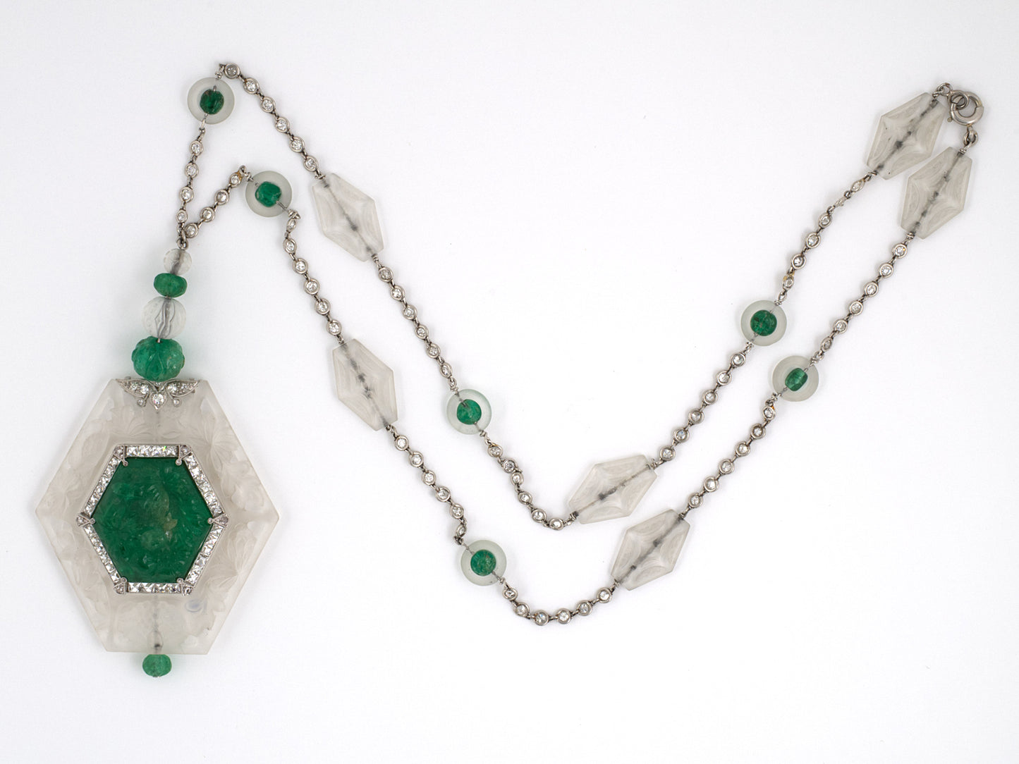 60996 - Art Deco Tiffany Platinum Diamond Emerald Crystal Enamel Pendant Watch Necklace