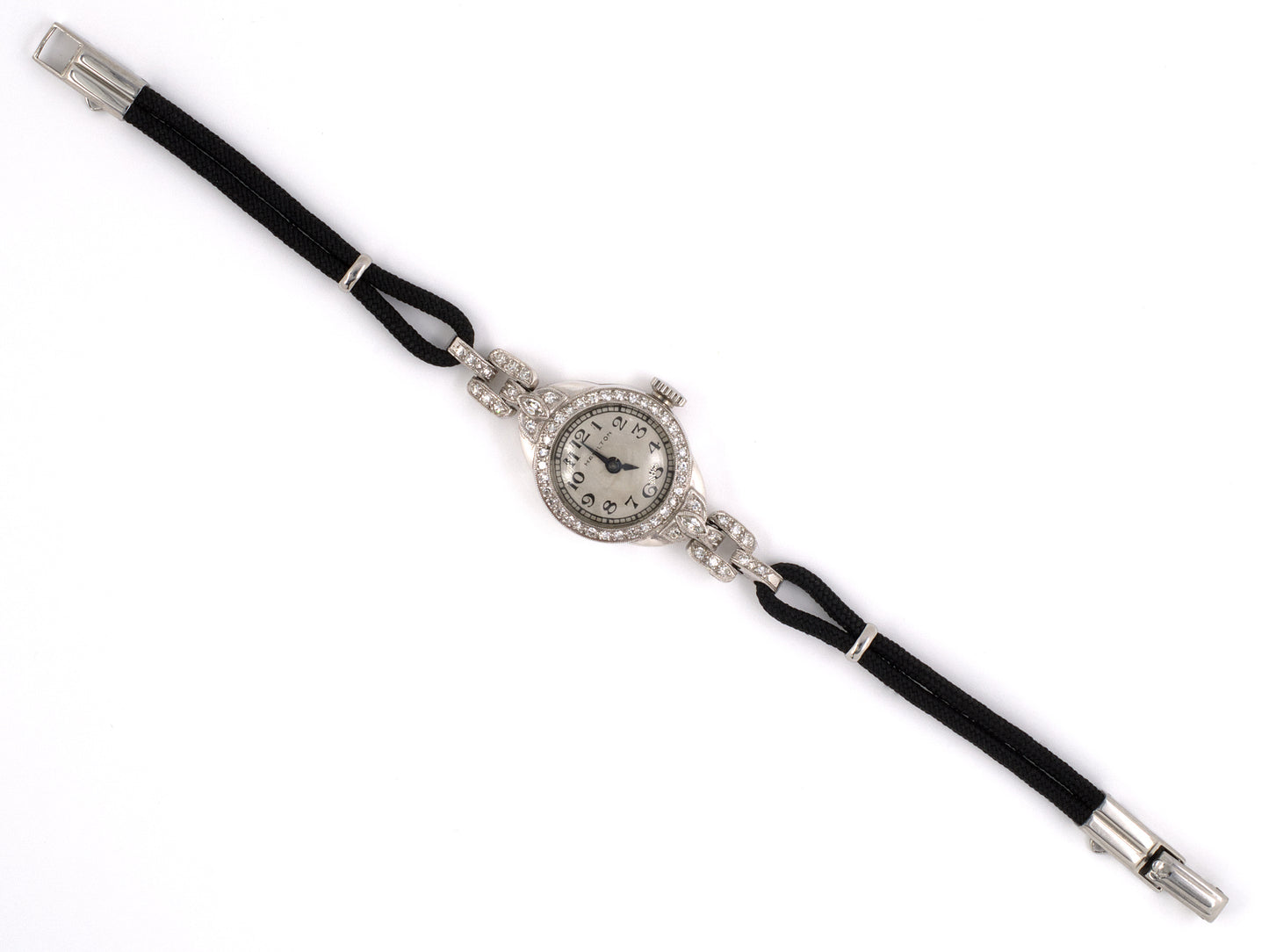 61002 - SOLD - Circa 1935 Hamilton Katz Ogush Platinum Diamond Black Cord Watch