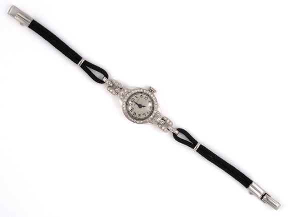 61002 - Circa 1935 Hamilton Katz Ogush Platinum Diamond Black Cord Watch