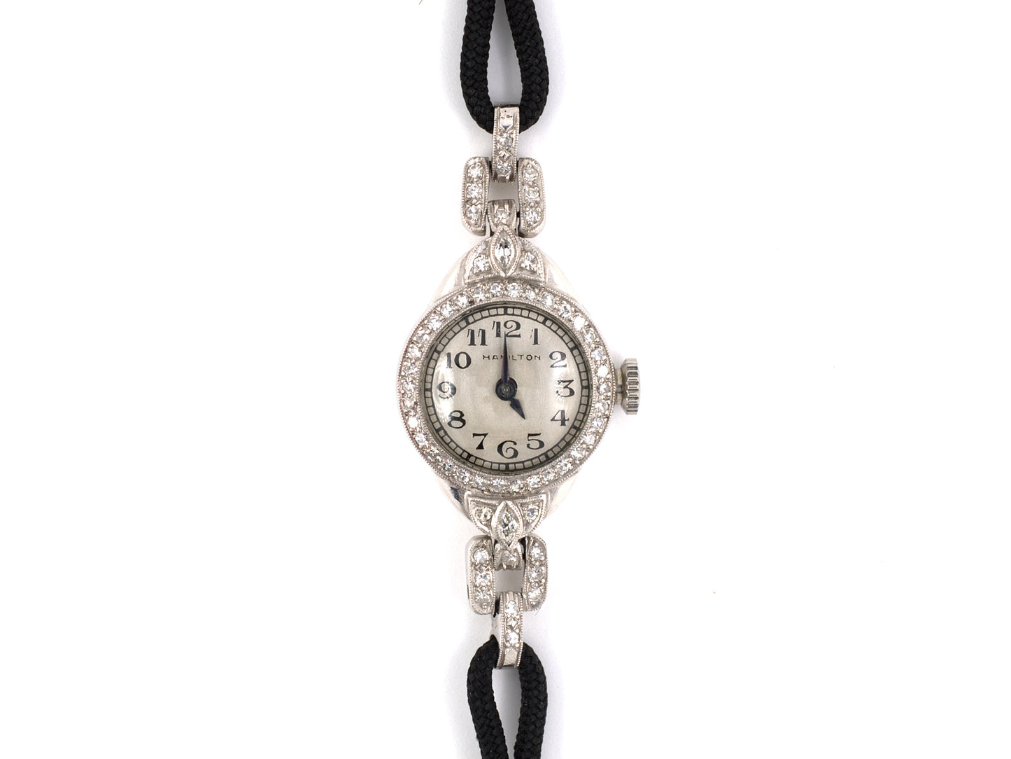 61002 - SOLD - Circa 1935 Hamilton Katz Ogush Platinum Diamond Black Cord Watch