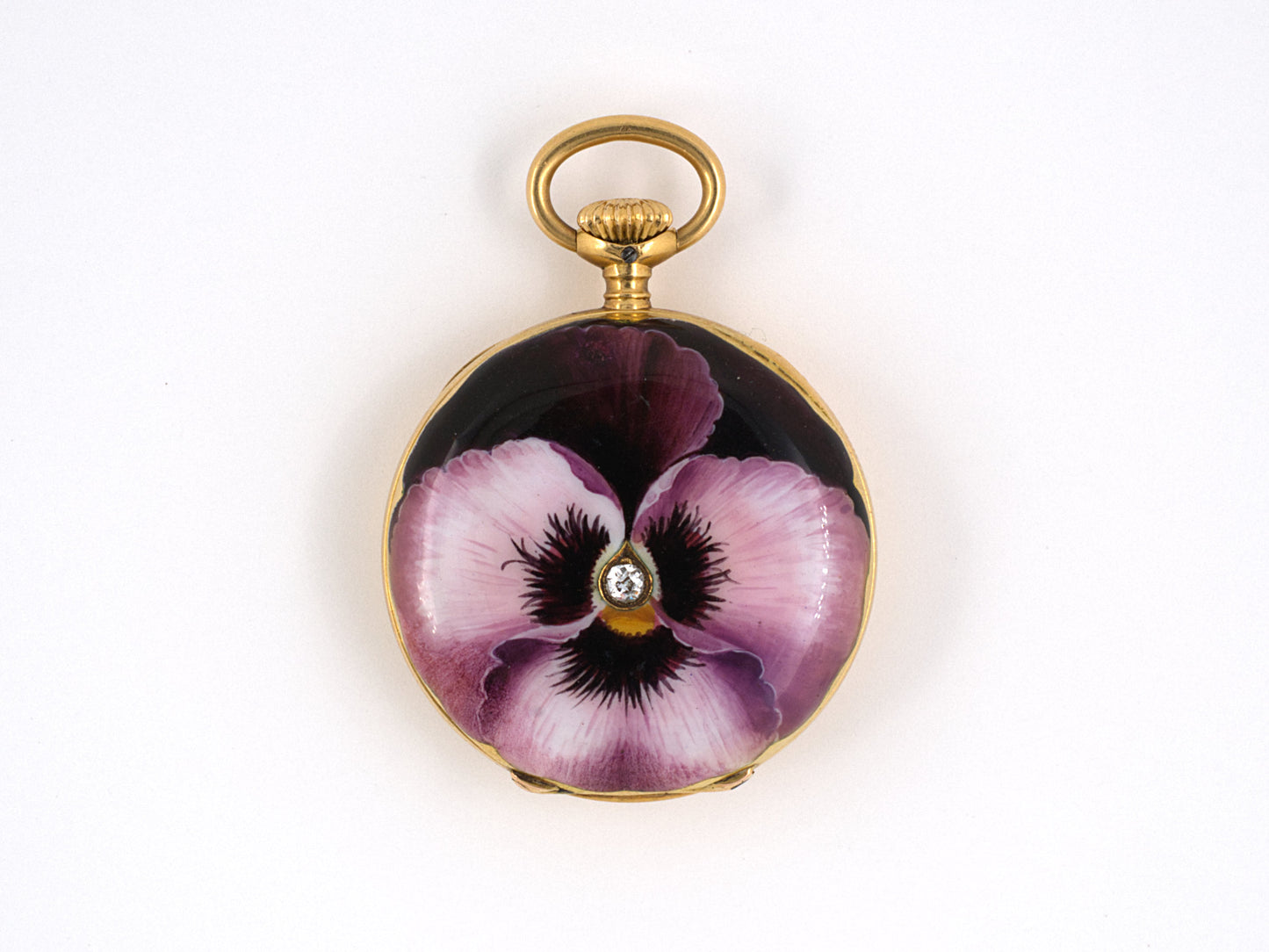 61022 - Art Nouveau Gold Diamond Purple Enamel Swiss Pendant Watch