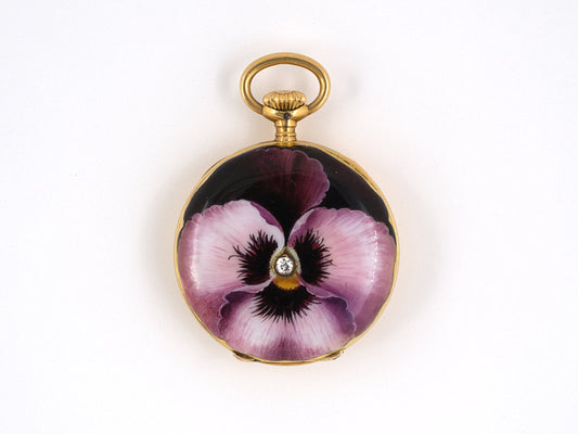61022 - Art Nouveau Gold Diamond Purple Enamel Swiss Pendant Watch