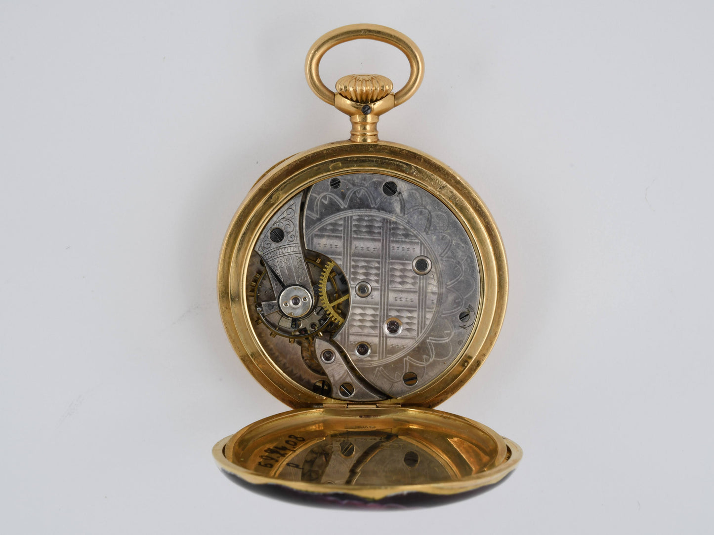 61022 - Art Nouveau Gold Diamond Purple Enamel Swiss Pendant Watch