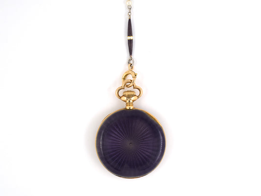 61023 - Art Nouveau Haas Platinum Gold Pearl Purple Enamel Swiss Open Face Pendant Watch Sautoir