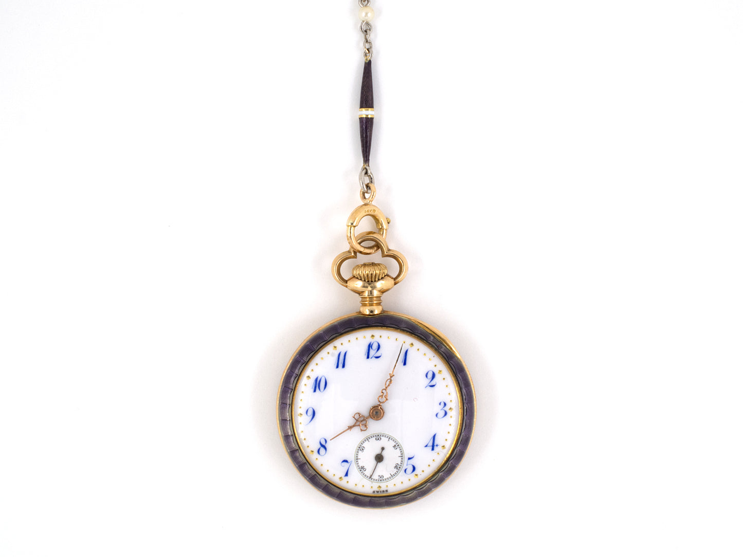 61023 - Art Nouveau Haas Platinum Gold Pearl Purple Enamel Swiss Open Face Pendant Watch Sautoir