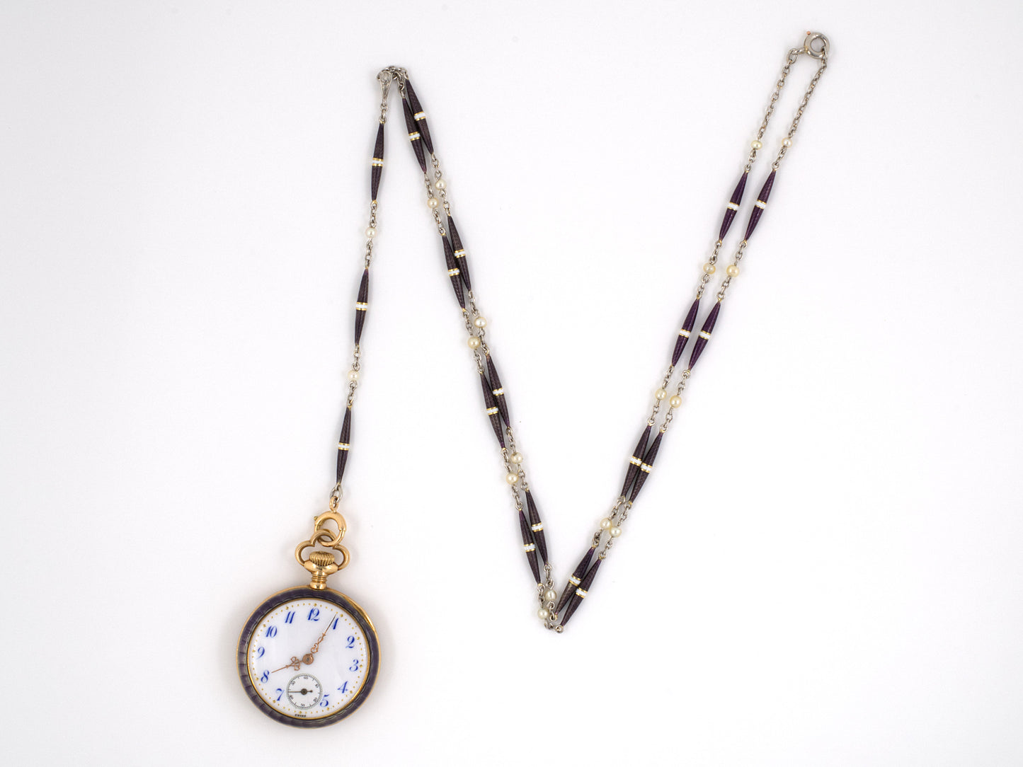 61023 - Art Nouveau Haas Platinum Gold Pearl Purple Enamel Swiss Open Face Pendant Watch Sautoir