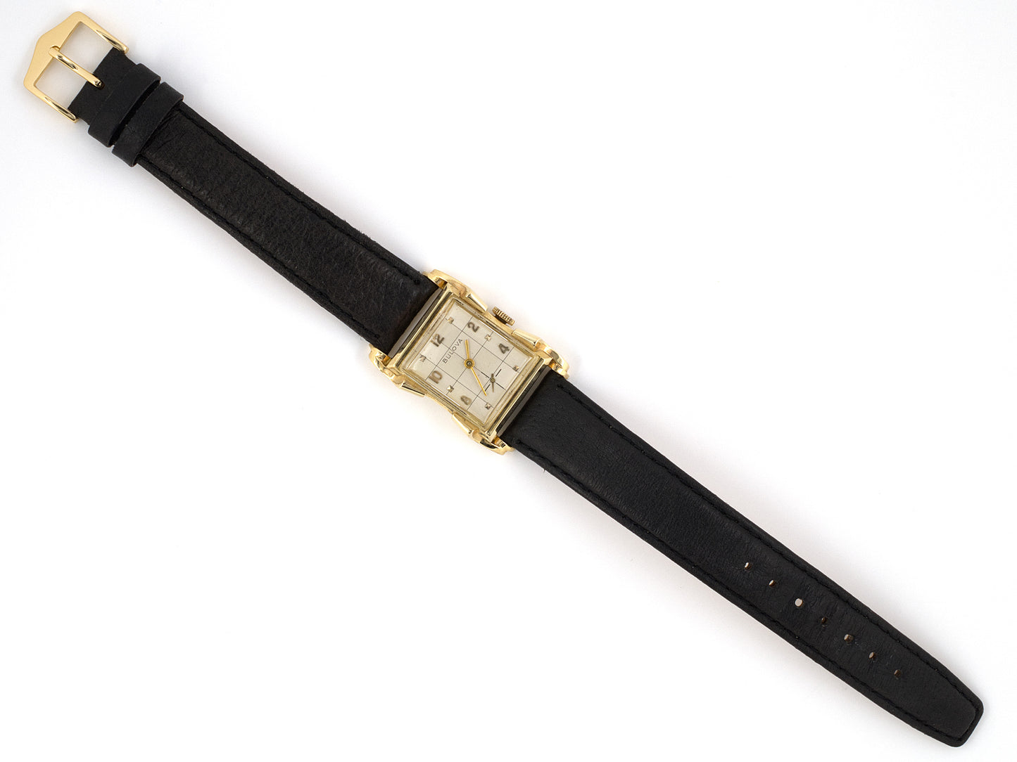 61206 - Circa1950s Bulova Gold Tank Watch Black Leather Strap